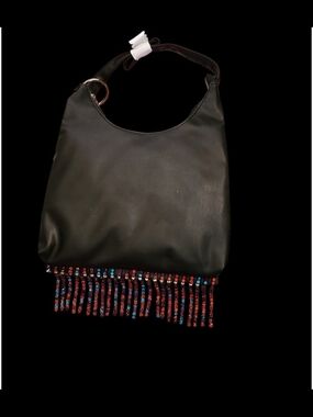 No Boundaries Black Hobo Bag with Red & Blue Beaded Fringe